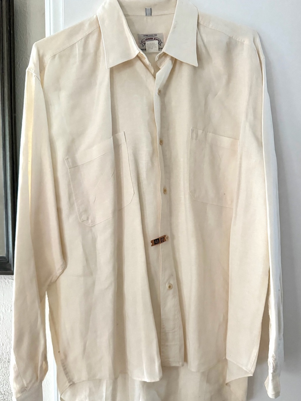 Armani Jeans Cream Button-Down Long Sleeve Shirt 100% Linen Lg